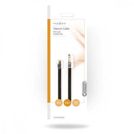 Telkommunikációs hosszabbító Kábel | RJ11 Dugasz | RJ45 Dugasz | 5.00 m | Kábelkialakítás: Lapos | Fémbevonás: Aranyozott | Kábel típus: RJ11 | Fekete