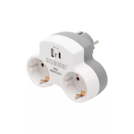 HOME TPF2USBC USBC hálózati töltő, 2.1A, max. 3680 W, 2 db földelt hálózati aljzat gyermekvédő zsaluval