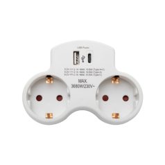   HOME TPF2USBC USBC hálózati töltő, 2.1A, max. 3680 W, 2 db földelt hálózati aljzat gyermekvédő zsaluval