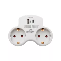   HOME TPF2USBC USBC hálózati töltő, 2.1A, max. 3680 W, 2 db földelt hálózati aljzat gyermekvédő zsaluval