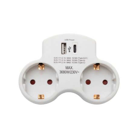 HOME TPF2USBC USBC hálózati töltő, 2.1A, max. 3680 W, 2 db földelt hálózati aljzat gyermekvédő zsaluval
