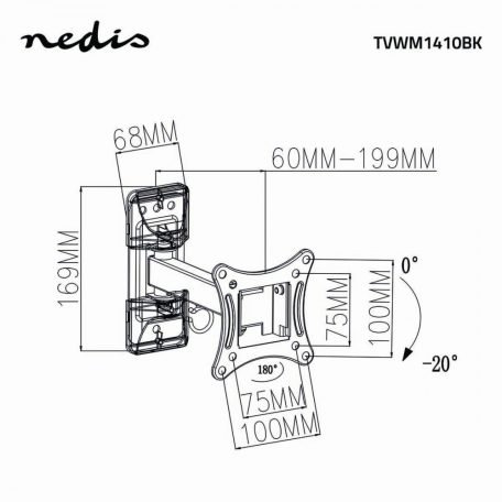 Minden Irányban Mozgatható TV fali tartó | 13-27 " | Maximális támogatott képernyő súly: 15 kg | Dönthető | Forgatható | Maximális fal távolság: 60 mm | Maximális fal távolság: 199 mm | 2 Forgás Pont | ABS / Acél | Fekete
