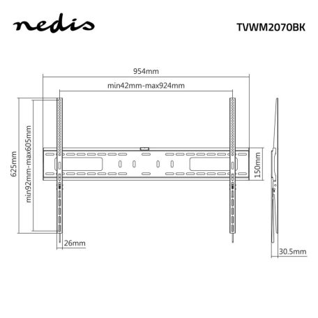 Fix TV fali tartó | 60 - 100 " | Maximális támogatott képernyő súly: 75 kg | Maximális fal távolság: 30.5 mm | Acél / Fém | Fekete