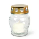 Üveg mécses fém kupakkal - üveg szín: fehér, kupak szín: arany - 10 cm