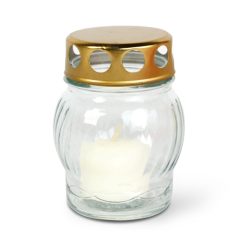   Üveg mécses fém kupakkal - üveg szín: fehér, kupak szín: arany - 10 cm