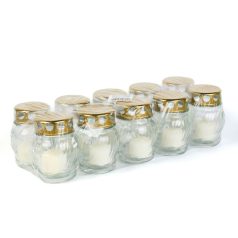   Üveg mécses fém kupakkal - üveg szín: fehér, kupak szín: arany - 10 cm