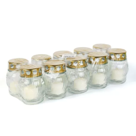 Üveg mécses fém kupakkal - üveg szín: fehér, kupak szín: arany - 10 cm