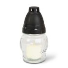 Üveg mécses műanyag kupakkal, üveg szín: fehér, kupak szín: fekete - 14 cm