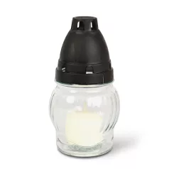   Üveg mécses műanyag kupakkal, üveg szín: fehér, kupak szín: fekete - 14 cm