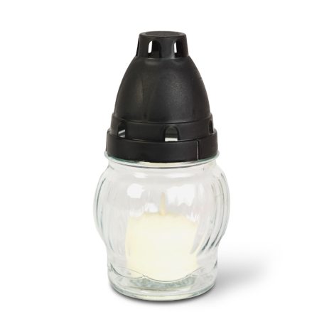 Üveg mécses műanyag kupakkal, üveg szín: fehér, kupak szín: fekete - 14 cm