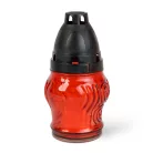 Üveg mécses műanyag kupakkal, üveg szín: piros, kupak szín: fekete - 14 cm