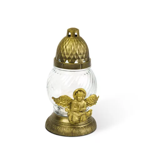 Üveg mécses - angyallal, műanyag kupakkal, üveg szín: fehér, kupak szín: fekete-arany antik - 20 cm