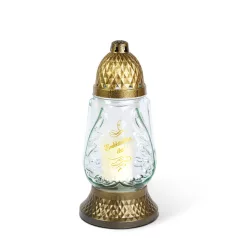   Üveg mécses műanyag kupakkal, "Emlékünkben élsz" - üveg szín: fehér, kupak: arany antik - 24 cm