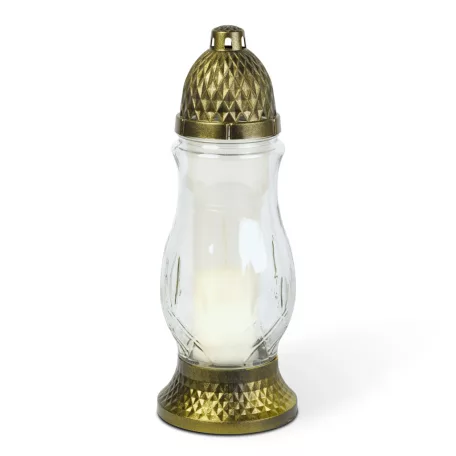 Üveg mécses - műanyag kupakkal, üveg szín: fehér, kupak szín: fekete - arany antik - 28 cm