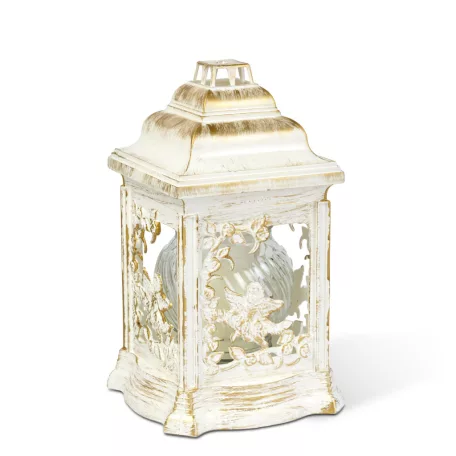 Műanyag katedra mécses - angyalos mintával, belül üveg mécsessel, szín: fehér - arany antik - 25 cm