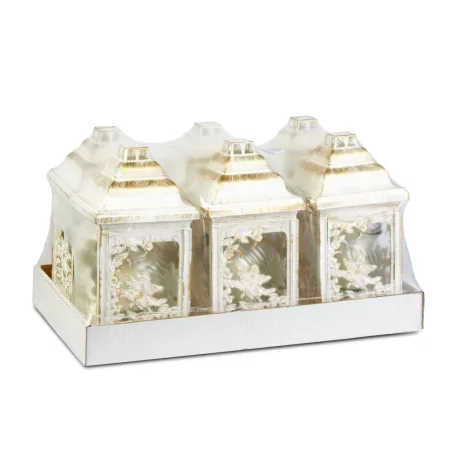 Műanyag katedra mécses - angyalos mintával, belül üveg mécsessel, szín: fehér - arany antik - 25 cm