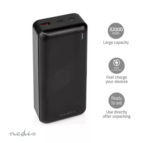 Hordozható töltő | 32000 mAh | 2.4 / 3.0 / 3.25 A | Kimenő csatlakozók száma: 2 | Kimeneti kapcsolat: 1x USB-A / 1x USB-C™ | Bemenő csatlakozók: 1x Micro USB / 1x USB-C™ | PD3.0 45W / PD3.0 65W | Lítium-Polimer