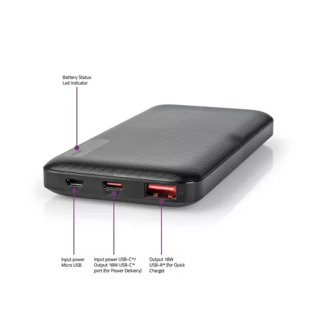 Hordozható töltő | 10000 mAh | 1.5 / 2.0 / 3.0 A | Kimenő csatlakozók száma: 2 | Kimeneti kapcsolat: 1x USB-A / 1x USB-C™ | Bemenő csatlakozók: 1x Micro USB / 1x USB-C™ | PD2.0 18W | Lítium-Polimer