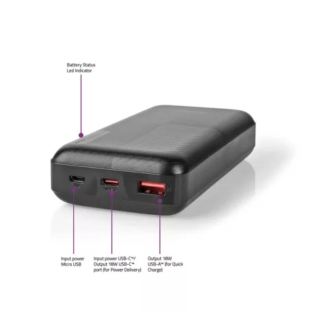 Hordozható töltő | 20000 mAh | 1.5 / 2.0 / 3.0 A | Kimenő csatlakozók száma: 2 | Kimeneti kapcsolat: 1x USB-A / 1x USB-C™ | Bemenő csatlakozók: 1x Micro USB / 1x USB-C™ | PD2.0 18W | Lítium-Polimer