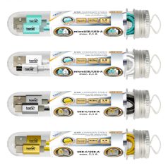  Home USB BOX töltőkábel display tálca, 4x5 töltőkábel, 4 szín, USB-C/USB-A, microUSB/USB-A, szőtt nejlon, 2,1A, 1m