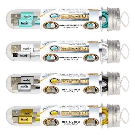 Home USB BOX töltőkábel display tálca, 4x5 töltőkábel, 4 szín, USB-C/USB-A, microUSB/USB-A, szőtt nejlon, 2,1A, 1m