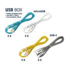 Home USB BOX töltőkábel display tálca, 4x5 töltőkábel, 4 szín, USB-C/USB-A, microUSB/USB-A, szőtt nejlon, 2,1A, 1m