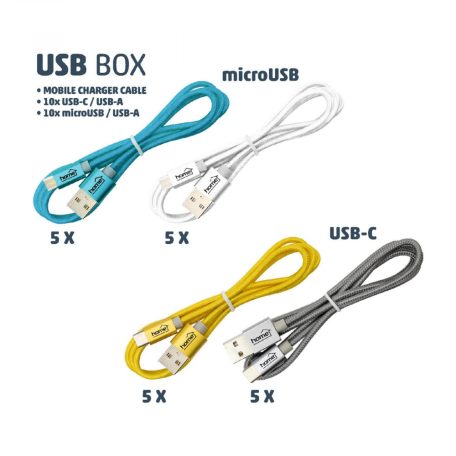 Home USB BOX töltőkábel display tálca, 4x5 töltőkábel, 4 szín, USB-C/USB-A, microUSB/USB-A, szőtt nejlon, 2,1A, 1m