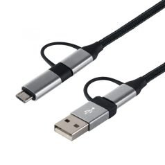   Home USB MULTI 4in1 töltőkábel, USB-C, microUSB, USB-A, QC, PD, szőtt nejlon, 480 Mbps, 60Wmax, 1,5m vezeték