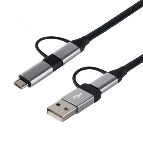 Home USB MULTI 4in1 töltőkábel, USB-C, microUSB, USB-A, QC, PD, szőtt nejlon, 480 Mbps, 60Wmax, 1,5m vezeték