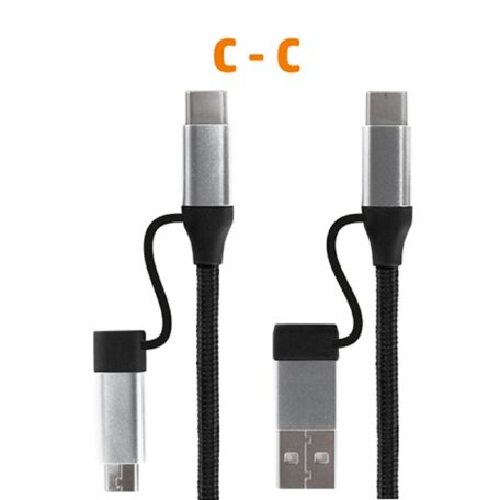 Home USB MULTI 4in1 töltőkábel, USB-C, microUSB, USB-A, QC, PD, szőtt nejlon, 480 Mbps, 60Wmax, 1,5m vezeték