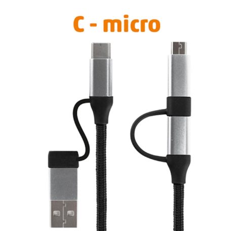 Home USB MULTI 4in1 töltőkábel, USB-C, microUSB, USB-A, QC, PD, szőtt nejlon, 480 Mbps, 60Wmax, 1,5m vezeték