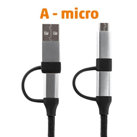 Home USB MULTI 4in1 töltőkábel, USB-C, microUSB, USB-A, QC, PD, szőtt nejlon, 480 Mbps, 60Wmax, 1,5m vezeték