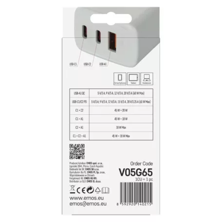 EMOS Univerzális USB töltő GaN PD 65 W max.