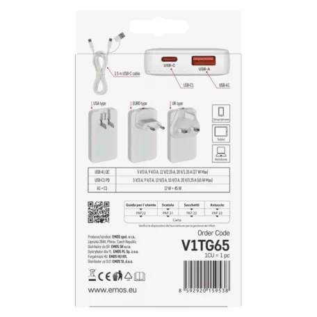 USB hálózati adapter GaN PD 65W, AC + kábel