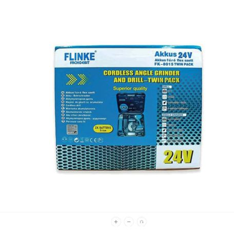 Flinke Superior Quality 24v Flinke akkus fúró és sarokcsiszoló flex szett FK-8015 TWIN PACK akkus sarokcsiszoló és Profi akkus fúrógép és akkus flex ajándék kofferban 2 db gép 24V