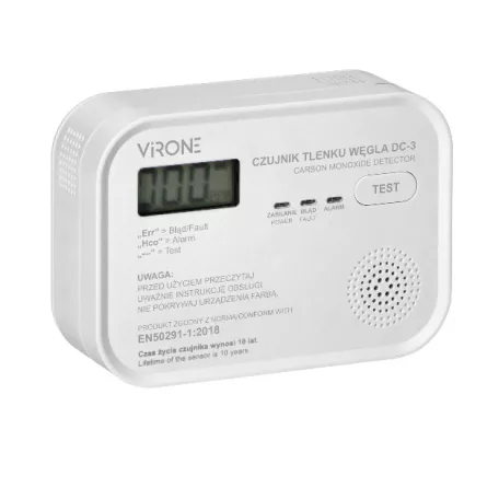 VIRONE DC-3 Szén-monoxid érzékelő CO, 3 x AA, LCD, TEST gomb, fehér