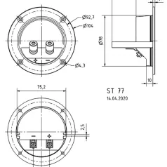   ST77 Kerek alakú terminál aranyozott kötőoszloppal és két rögzítő karimával a nyomtatott áramkörhöz