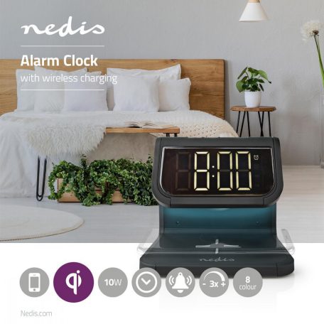 Alarm clock wireless charger | Qi szabványú | 5 / 7.5 / 10 W | USB-A Aljzat | Éjszakai Fény | 2 Riasztási Idők | Szundi funkció