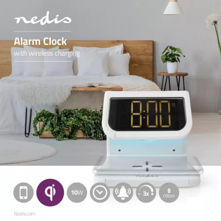 Alarm clock wireless charger | Qi szabványú | 5 / 7.5 / 10 W | USB-A Aljzat | Éjszakai Fény | 2 Riasztási Idők | Szundi funkció