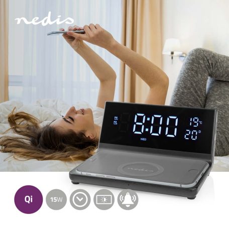 Alarm clock wireless charger | Qi szabványú | 5 / 7.5 / 10 / 15 W | USB-A Dugasz | 2 Riasztási Idők | Szundi funkció