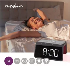   Alarm clock wireless charger | Qi szabványú | 5 / 7.5 / 10 / 15 W | USB-A Dugasz | Éjszakai Fény | 2 Riasztási Idők | Szundi funkció