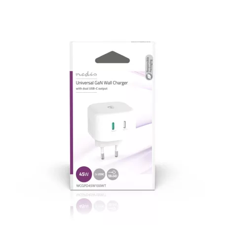 Fali Töltő | 45 W | GaN | Gyors töltés funkció | 2.25 A / 3.0 A | Kimenő csatlakozók száma: 2 | 2x USB-C™ | Automatikus Feszültség Kiválasztás