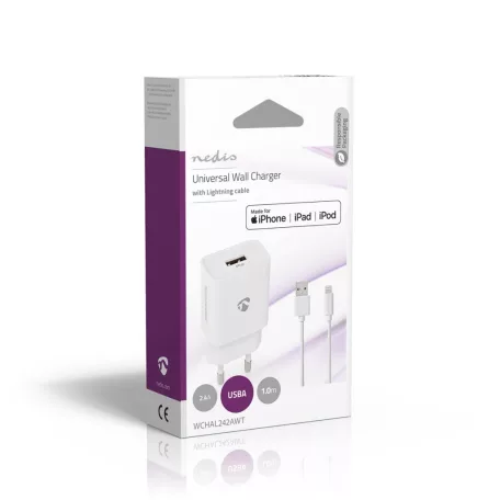 Fali Töltő | 12 W | Gyors töltés funkció | 1x 2.4 A A | Kimenő csatlakozók száma: 1 | USB-A | Lightning 8-tűs (Lengő) Kábel | 1.00 m | Single Voltage Output