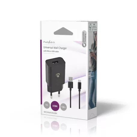 Fali Töltő | 5 W | Gyors töltés funkció | 1.0 A A | Kimenő csatlakozók száma: 1 | USB-A | Micro USB (Lengő) Kábel | 1.00 m | Single Voltage Output