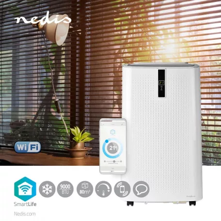 NEDIS mobil klíma 2,6kw-s WIFI SmartLife 3 az 1-ben Légkondicionáló | Wi-Fi | 9000 BTU | 80 m³ | Párátlanítás | Android™ / IOS | Energia osztály: A | 3-sebességes | 65 dB | Fehér