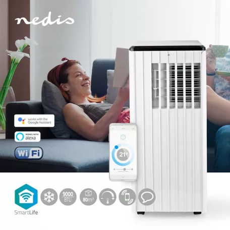NEDIS mobil klíma 2,6kw-s wifi SmartLife 3 az 1-ben Légkondicionáló | Wi-Fi | 9000 BTU | 80 m³ | Párátlanítás | Android™ / IOS | Energia osztály: A | 3-sebességes | 65 dB | Fehér