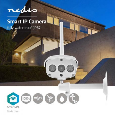 SmartLife kültéri kamera | Wi-Fi | Full HD 1080p | IP67 | Felhőalapú Tárolás (opcionális) / microSD (nem tartozék) | 12 V DC | Mozgásérzékelővel | Éjjellátó | Fehér