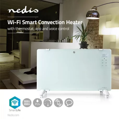 Nedis Homelux wifi -s fűtőpanel SmartLife Konvektor | Wi-Fi | Fürdőszobába is alkalmas | Üveg Panel | 2000 W | 2 Hőbeállítások | TUYA App 15 - 35 °C | Fehér