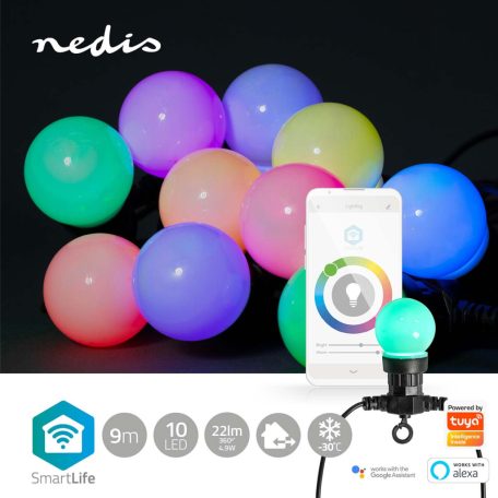 SmartLife Dekoratív Lámpák | Party LED füzér | Wi-Fi | Fehér / RGB | 10 db. LED | 9.00 m | Android™ | Izzó átmérő: 50 mm