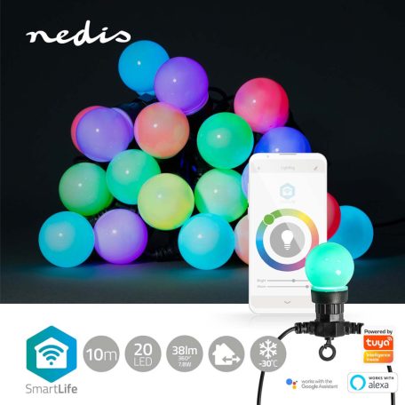 SmartLife Dekoratív Lámpák | Party LED füzér | Wi-Fi | Fehér / RGB | 20 db. LED | 10 m | Android™ | Izzó átmérő: 50 mm